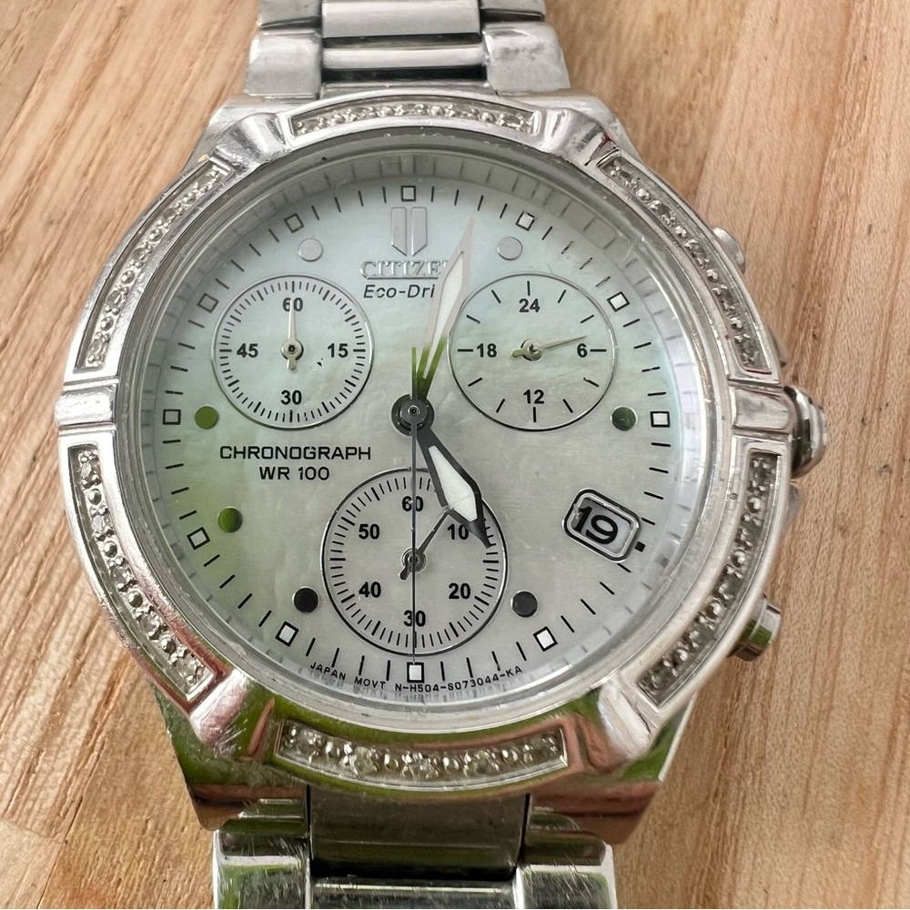 Citizen eco-drive ladies diamond silver tone chronograph solar watch